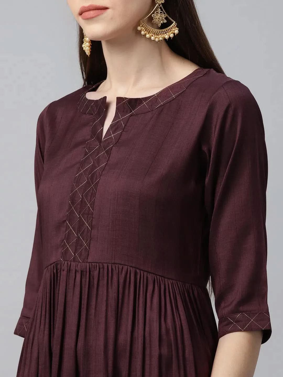 Libas Maroon Solid Polyester A-Line Kurta With Trousers
