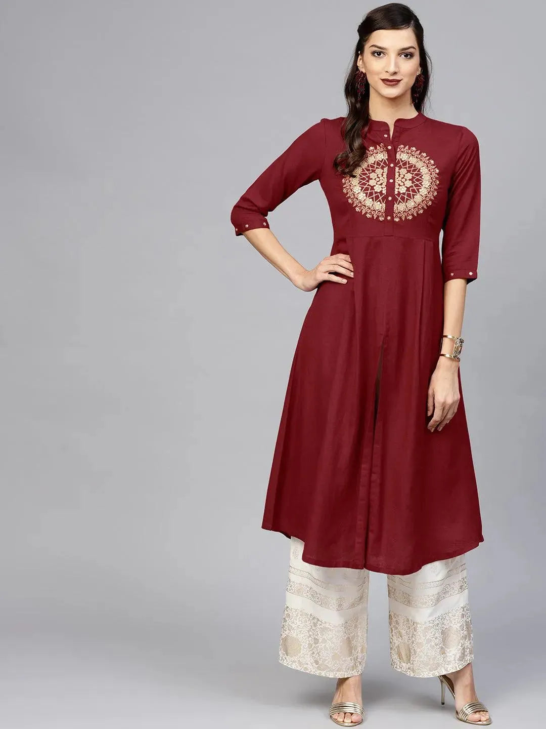 Libas Maroon Solid Rayon Kurta