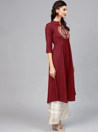 Libas Maroon Solid Rayon Kurta