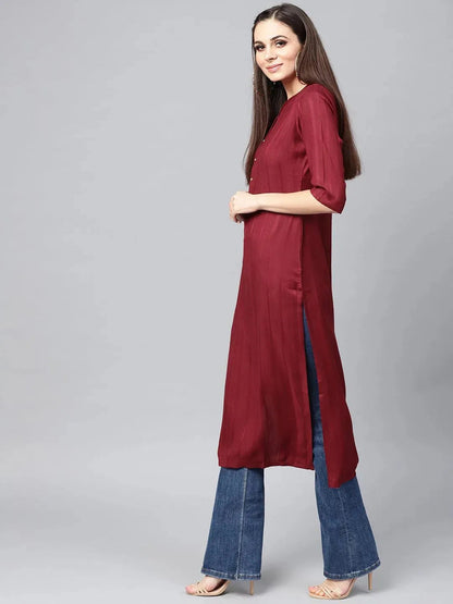 Libas Maroon Solid Rayon Kurta
