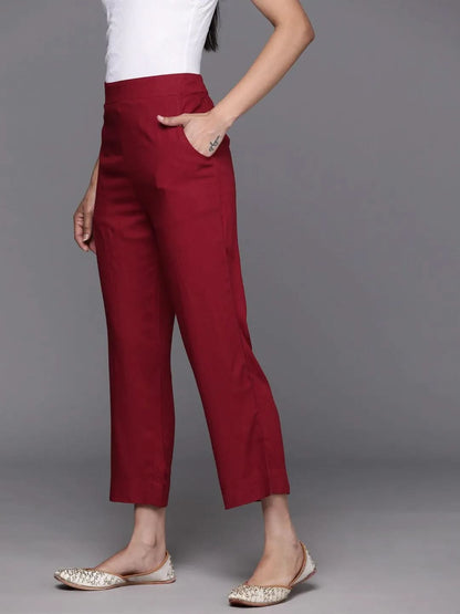 Libas Maroon Solid Rayon Trousers