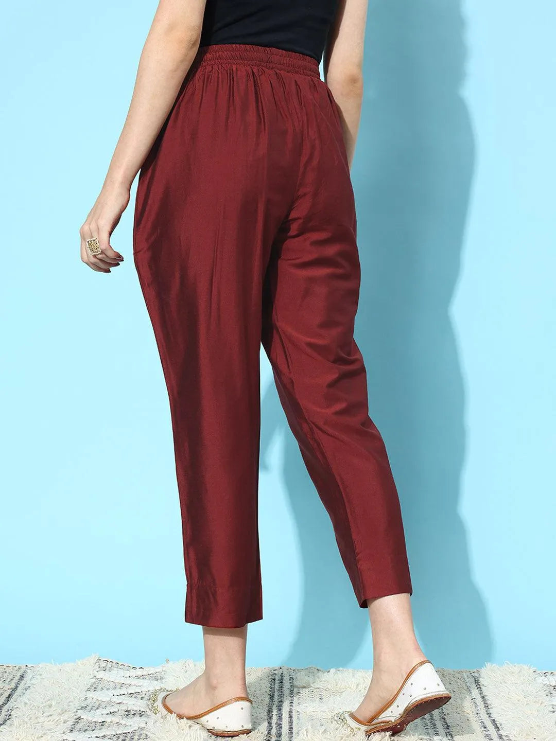 Libas Maroon Solid Silk Trousers