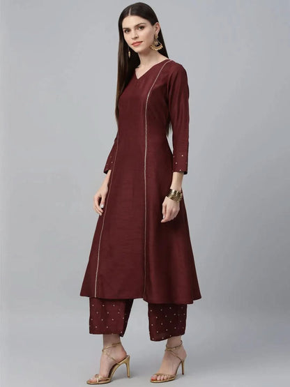 Libas Maroon Striped Polyester A-Line Kurta With Palazzos