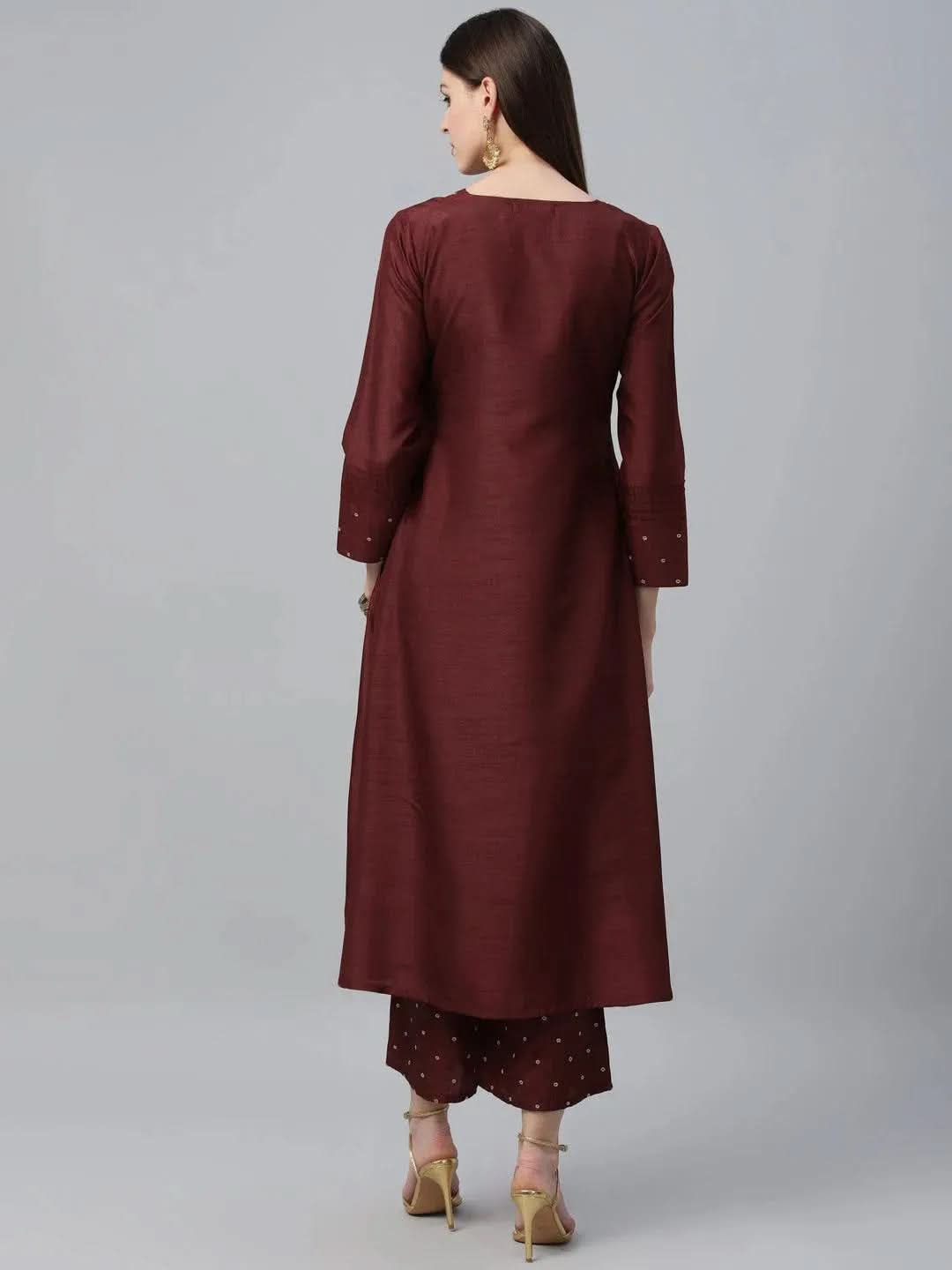 Libas Maroon Striped Polyester A-Line Kurta With Palazzos