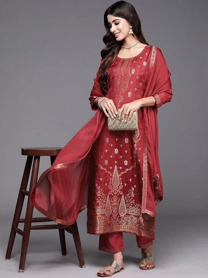 Libas Maroon Woven Design Silk Blend Straight Suit With Dupatta