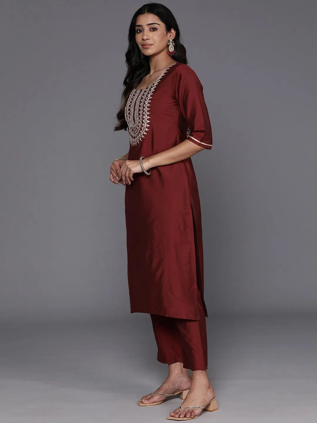 Gerua Maroon Yoke Design Silk Blend Straight Suit With Dupatta