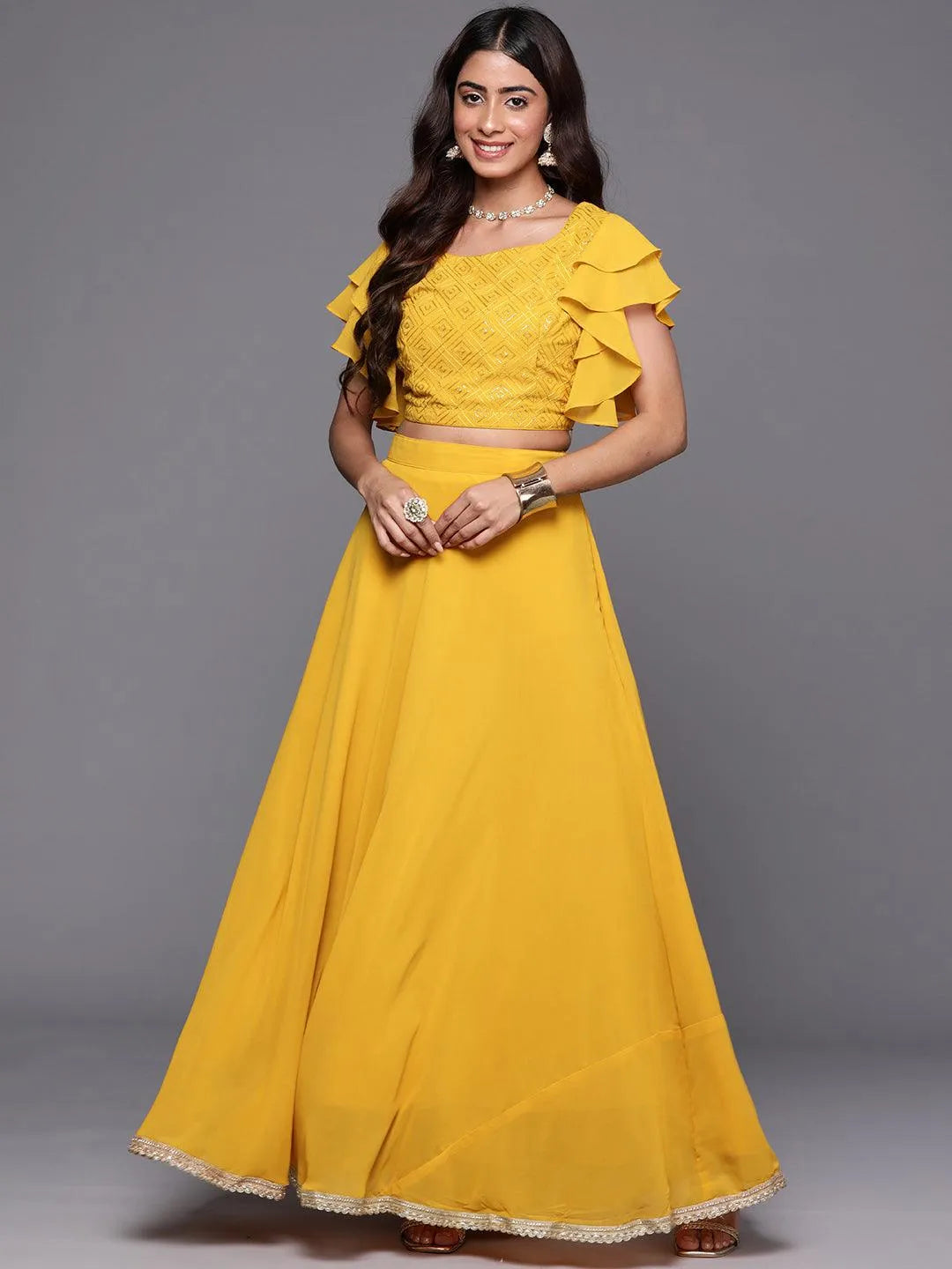 Libas Mustard Embroidered Georgette Lehenga