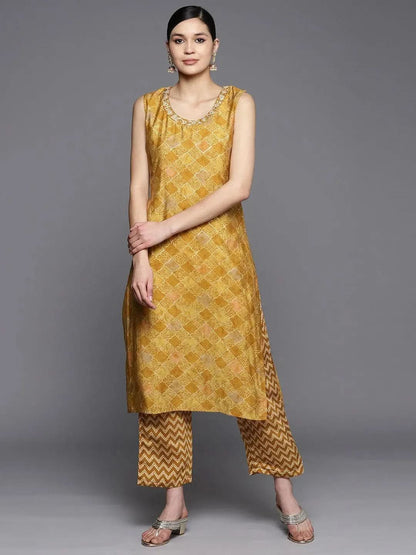 Libas Mustard Printed Silk Blend Straight Kurta With Trousers