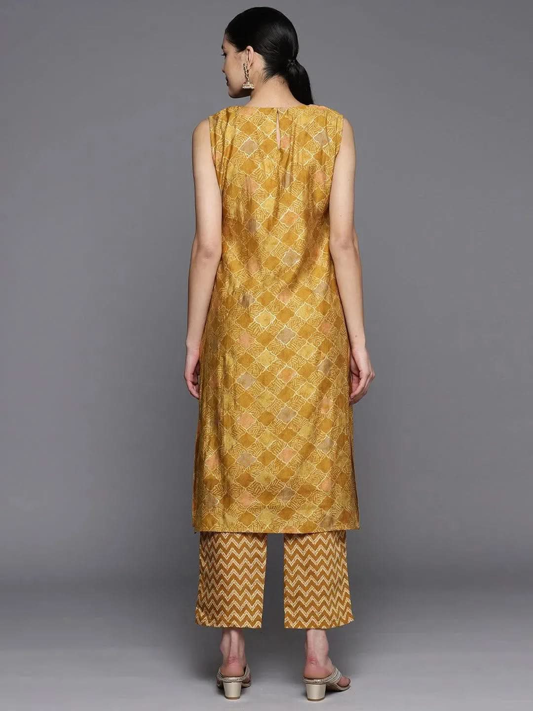 Libas Mustard Printed Silk Blend Straight Kurta With Trousers