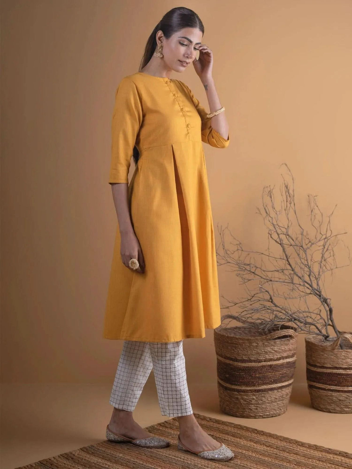 Libas Mustard Solid Cotton Kurta