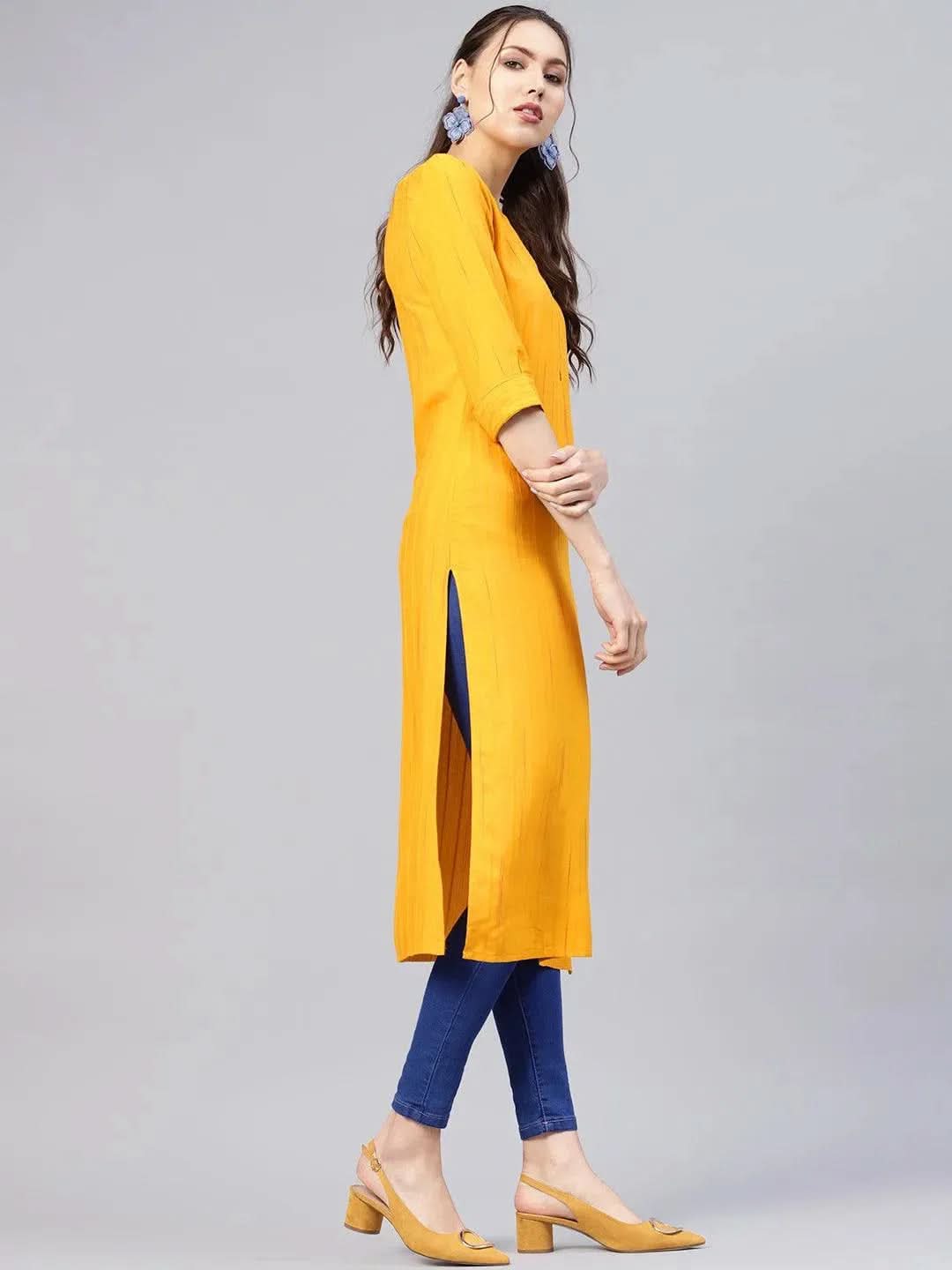 Libas Mustard Striped Rayon Kurta