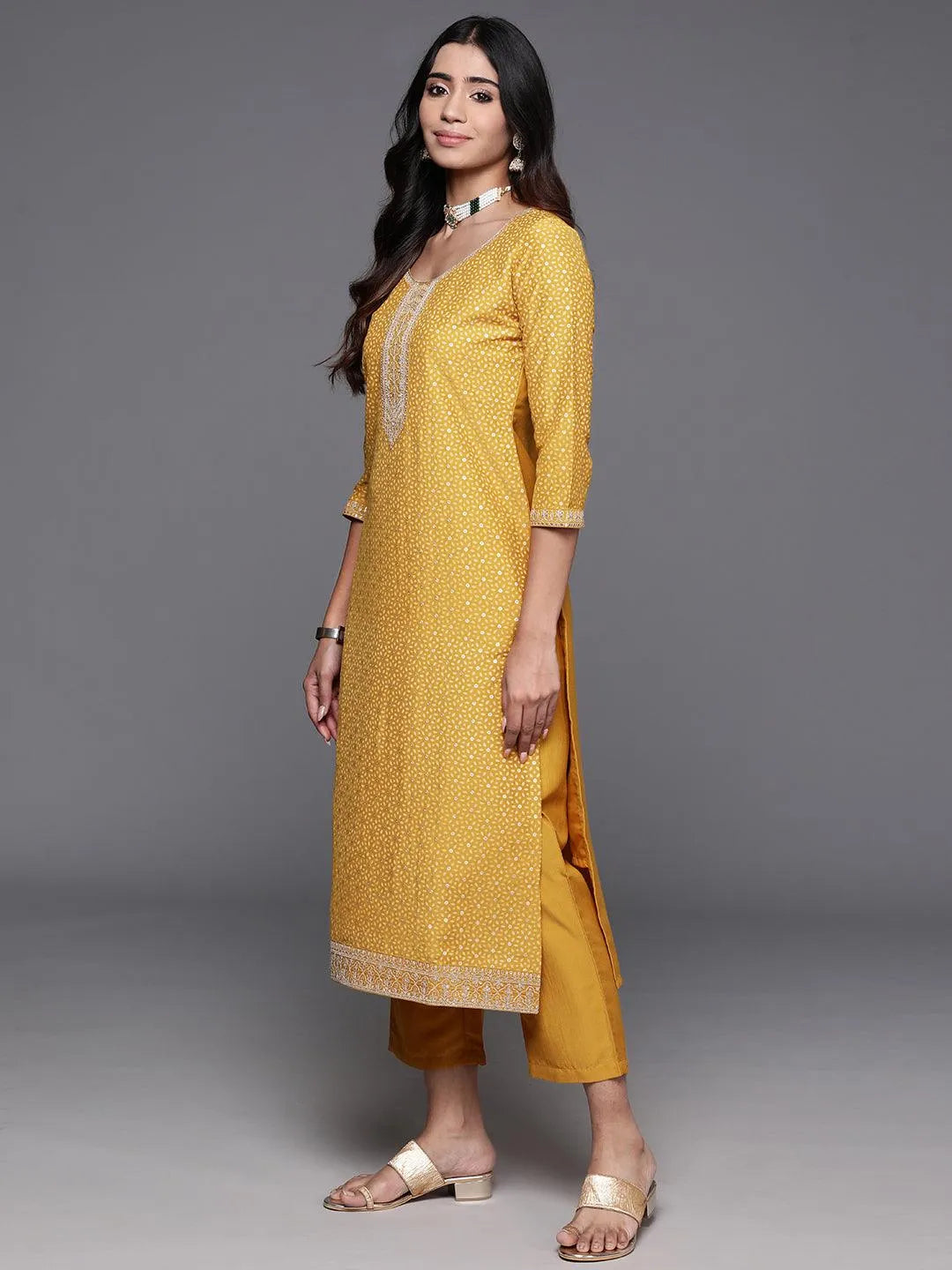 Libas Mustard Yoke Design Silk Blend Straight Suit With Dupatta