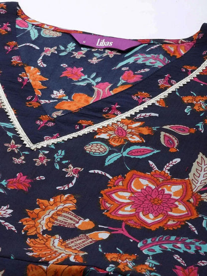 Libas Navy Blue Printed Cotton Anarkali Kurta With Trousers