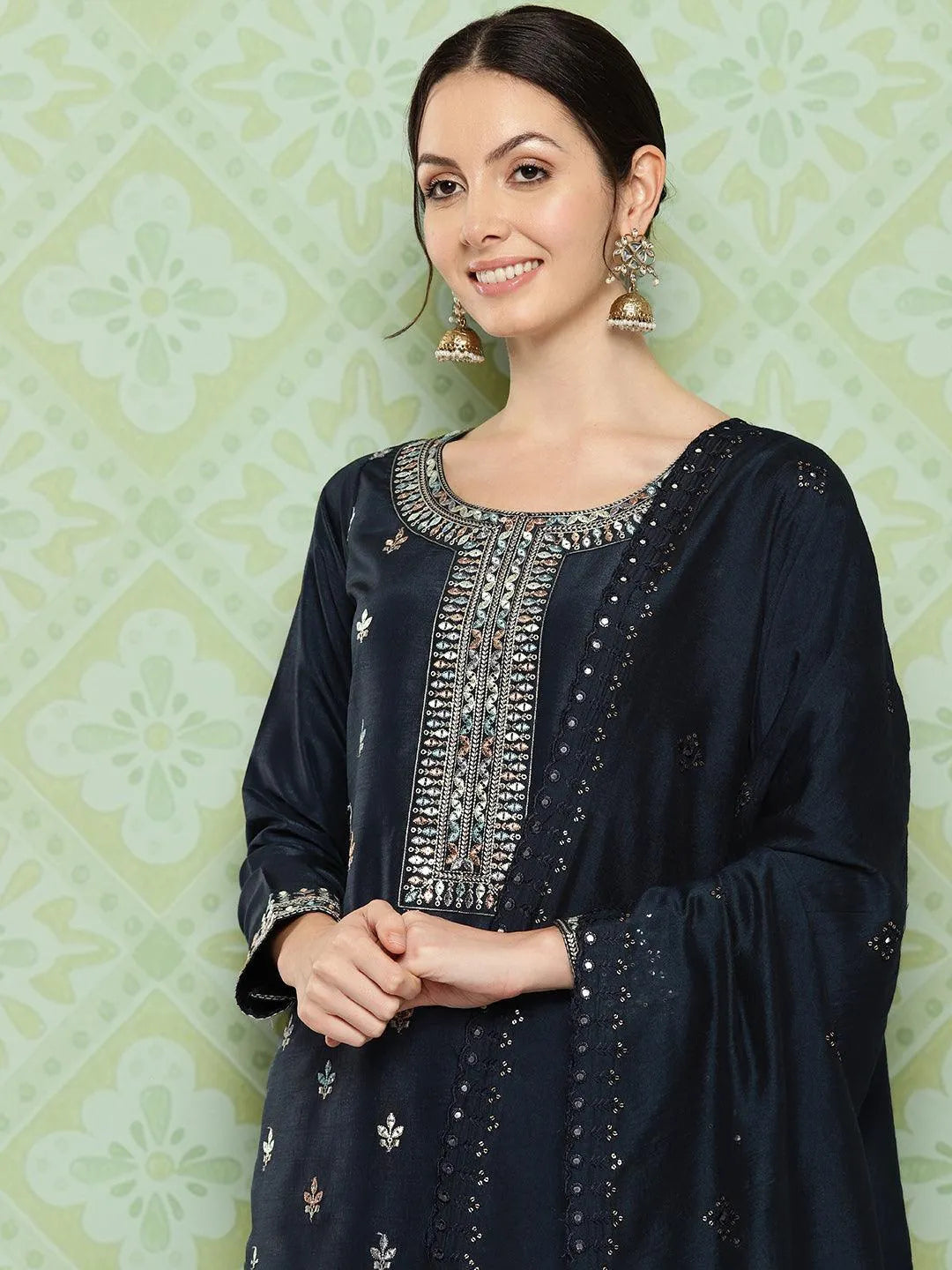Libas Blue Printed Silk Straight Suit With Dupatta