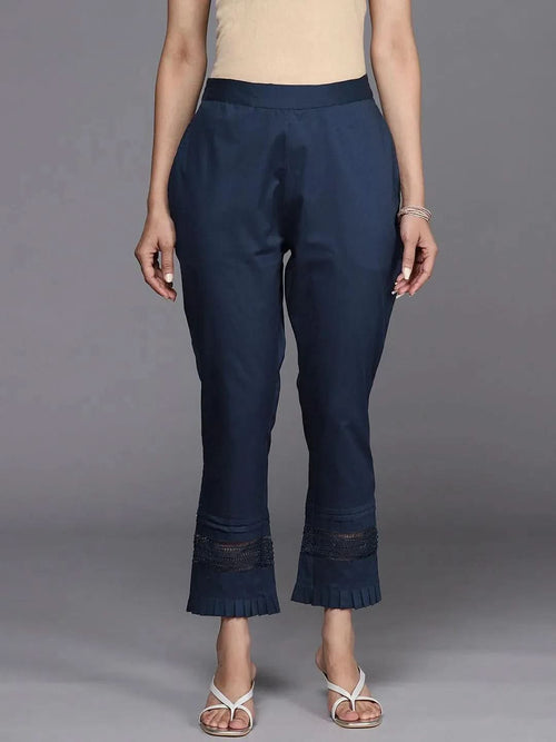 Libas Navy Blue Solid Cotton Trousers