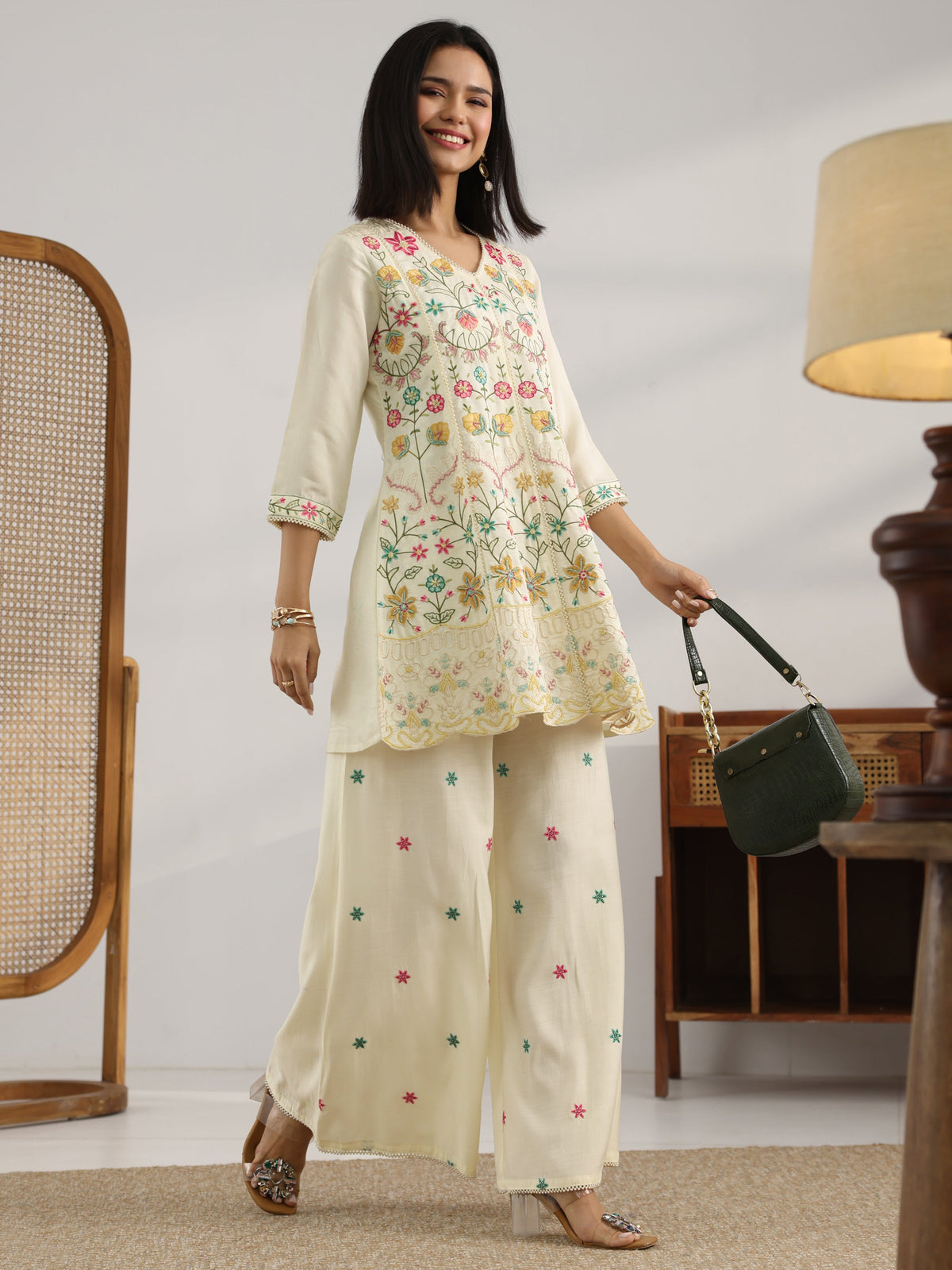 Libas Off White Embroidered Silk Blend Co-Ord Sets