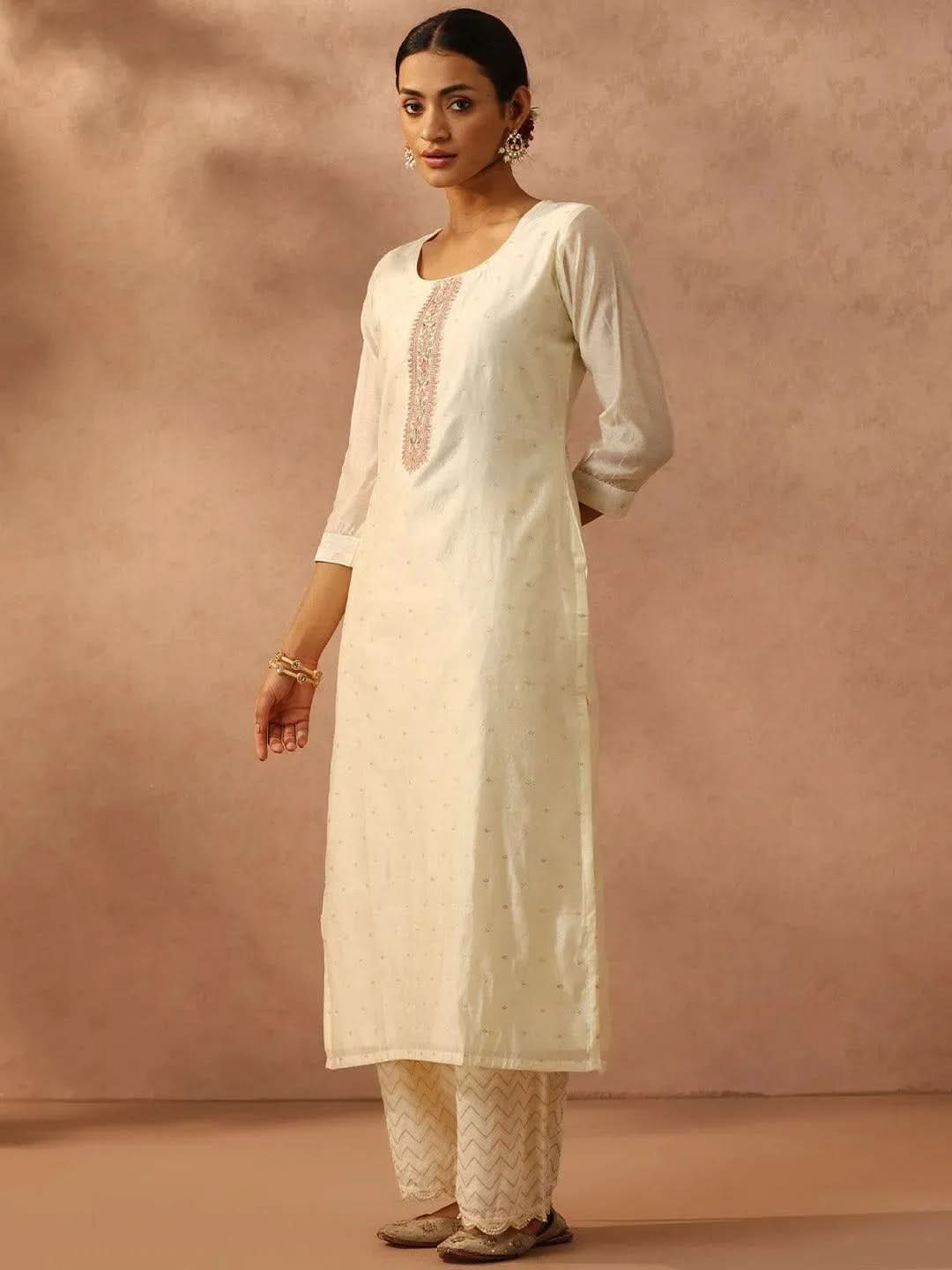 Libas Off White Self Design Chanderi Silk Straight Kurta
