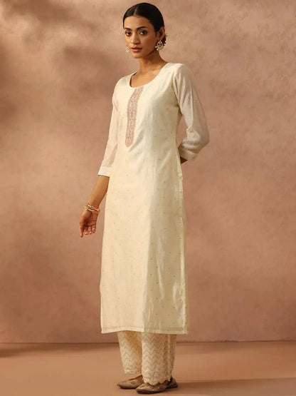 Libas Off White Self Design Chanderi Silk Straight Kurta