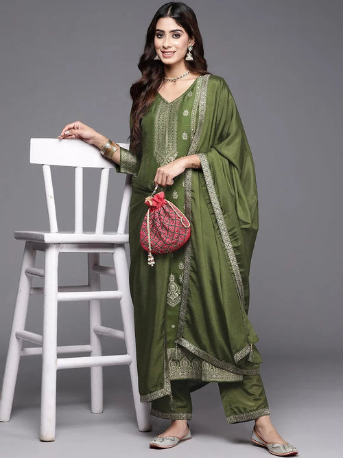 Libas Green Woven Design Silk Blend Pakistani Suit