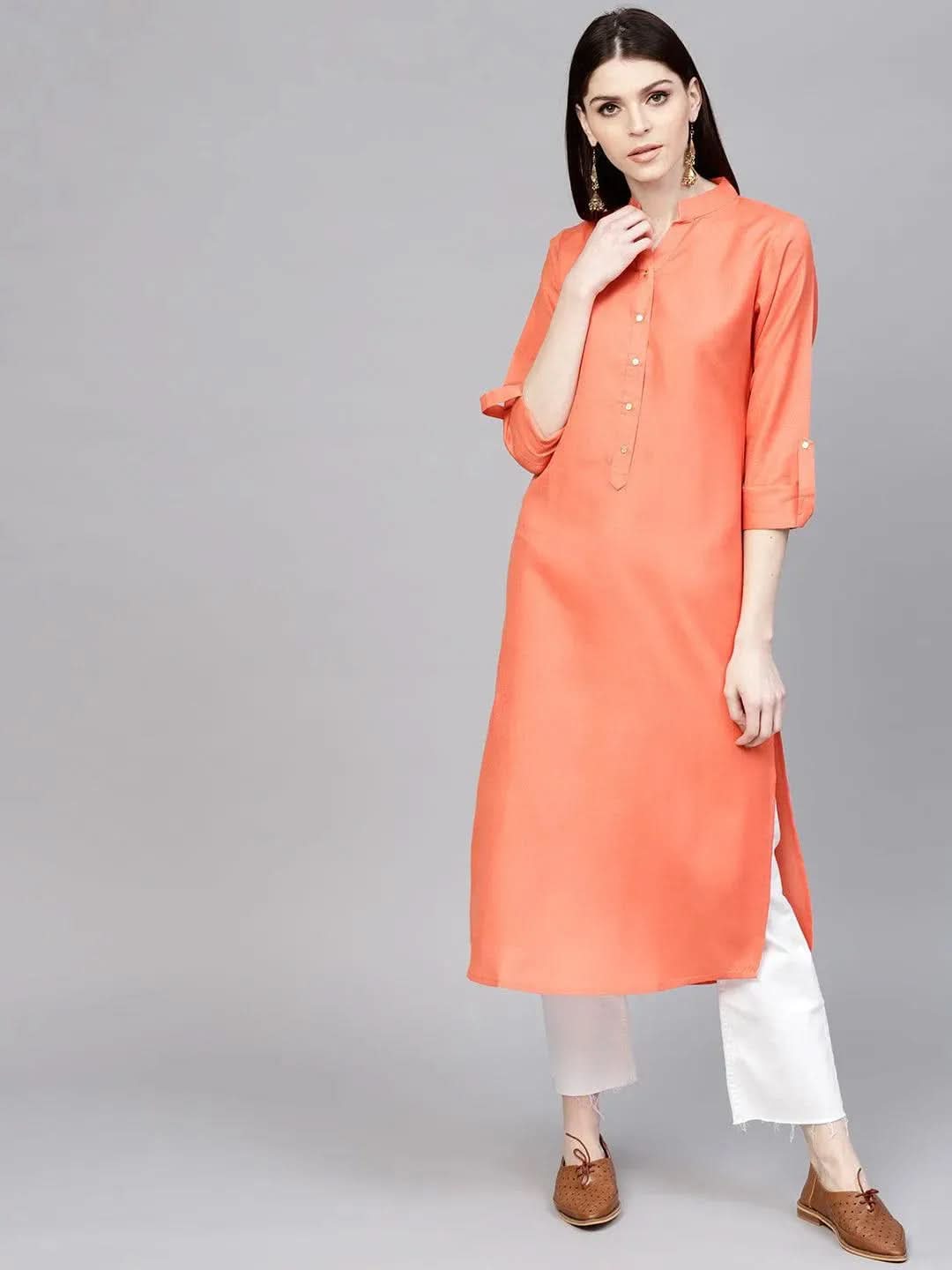 Libas Orange Solid Cotton Kurta