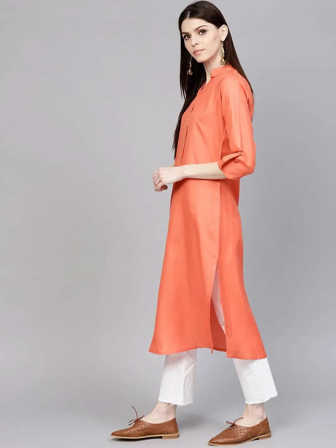 Libas Orange Solid Cotton Kurta