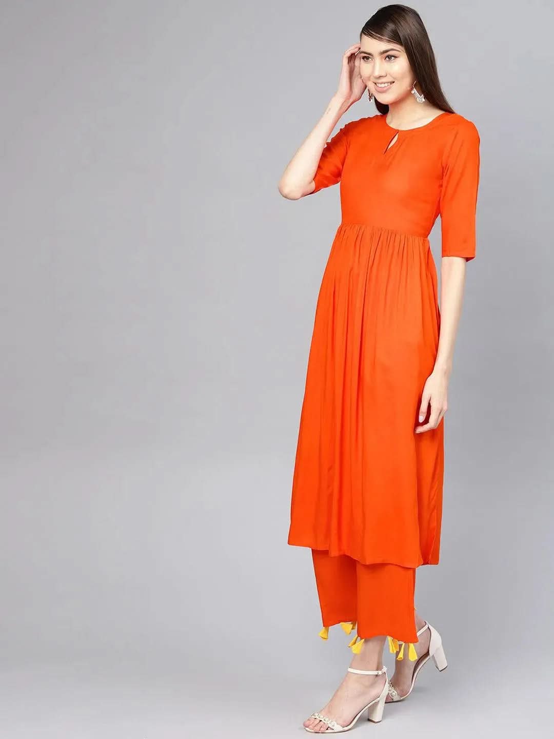 Libas Orange Solid Rayon A-Line Kurta With Palazzos & Stole