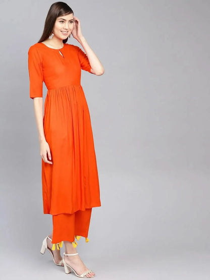 Libas Orange Solid Rayon A-Line Kurta With Palazzos & Stole