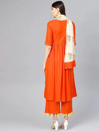 Libas Orange Solid Rayon A-Line Kurta With Palazzos & Stole