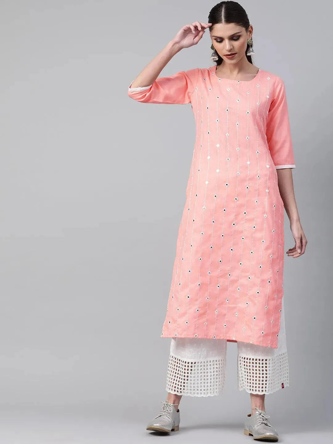 Libas Peach Mirror Work Cotton Kurta