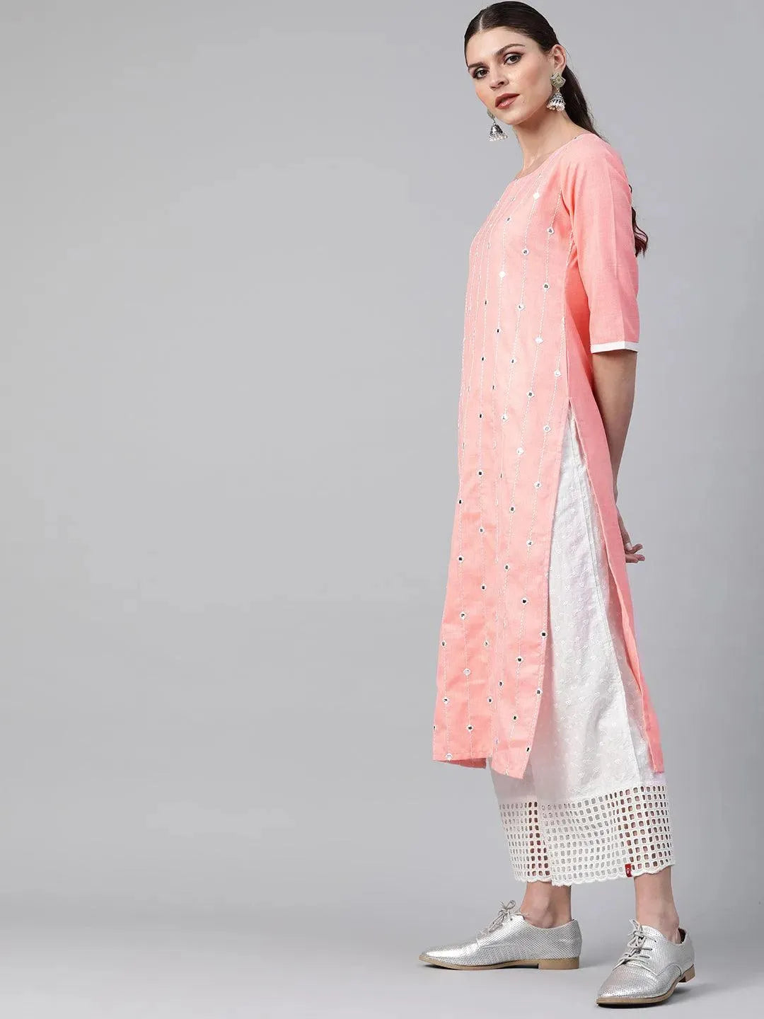 Libas Peach Mirror Work Cotton Kurta