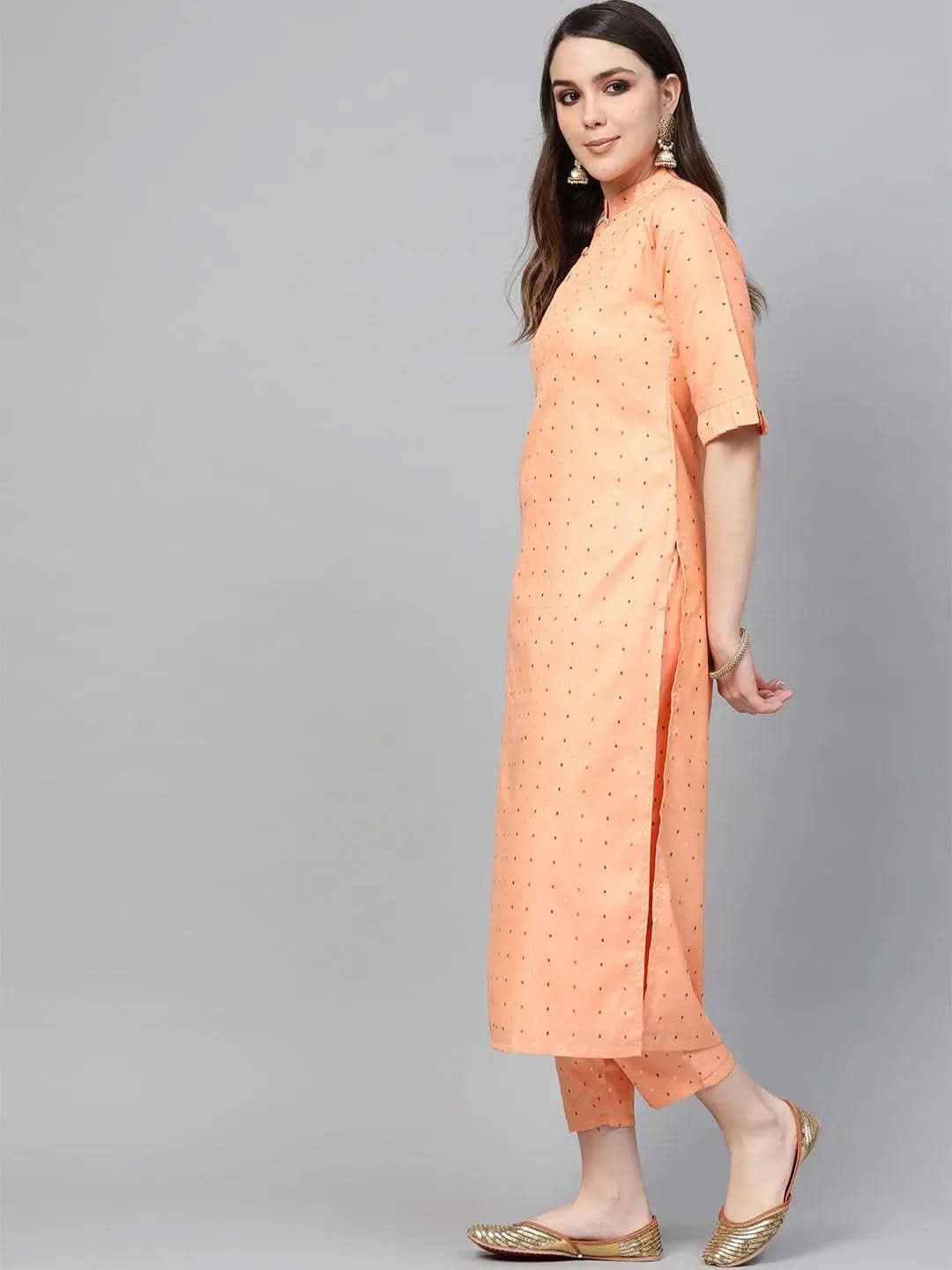 Libas Peach Self Design Polyester Straight Kurta With Trousers