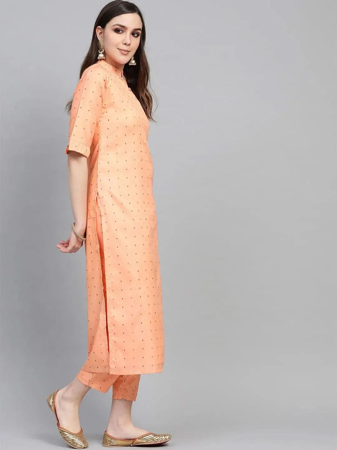 Libas Peach Self Design Polyester Straight Kurta With Trousers
