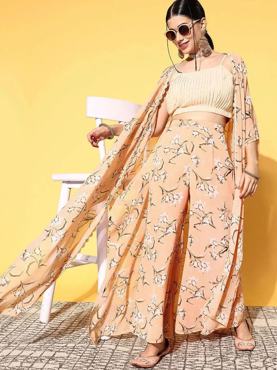Libas Peach Solid Georgette 3 Piece Co-Ords