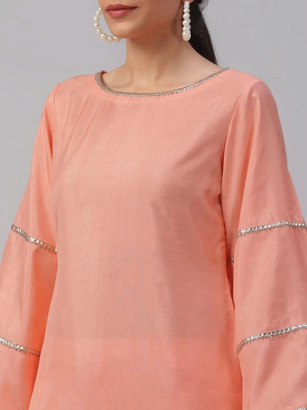 Libas Peach Solid Polyester Straight Kurta With Dhoti Pant & Dupatta
