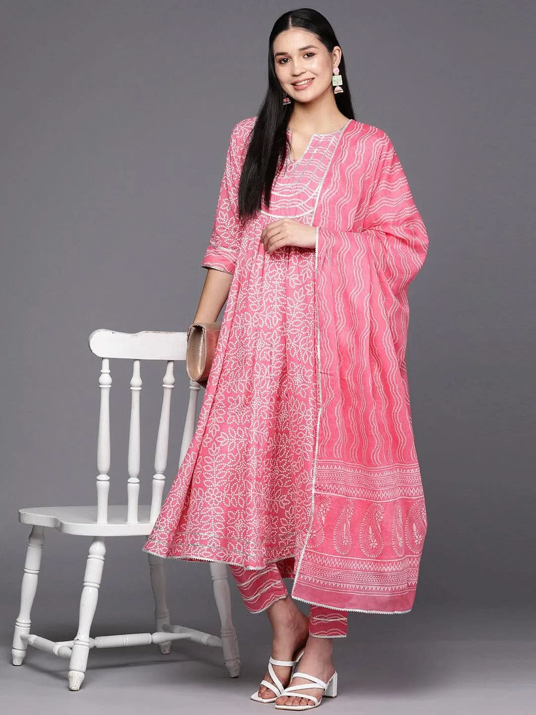Libas Peach Yoke Design Cotton Anarkali Kurta With Trousers & Dupatta