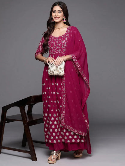 Libas Pink Embroidered Georgette A-Line Kurta With Palazzos & Dupatta