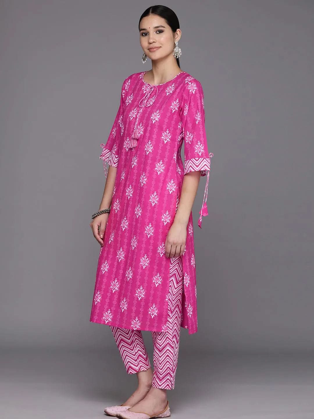 Libas Pink Printed Cotton Straight Kurta With Trousers & Dupatta
