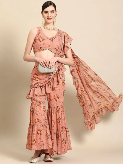 Libas Pink Printed Georgette Palazzo Saree