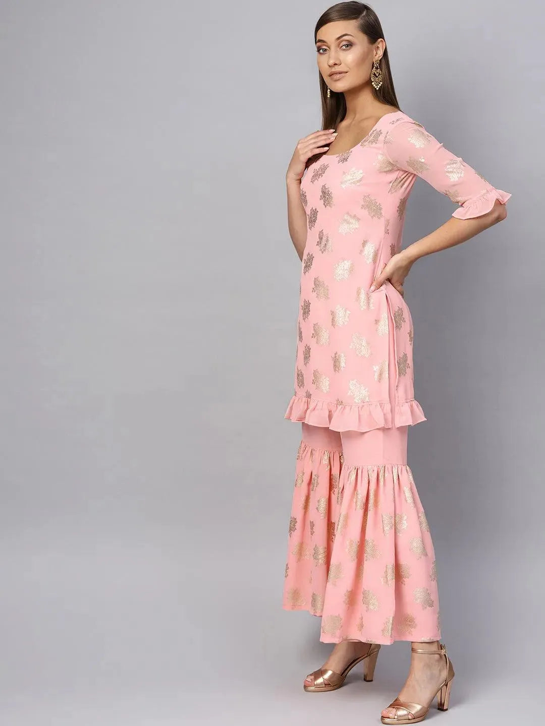 Libas Pink Printed Georgette Straight Kurta With Sharara & Stole