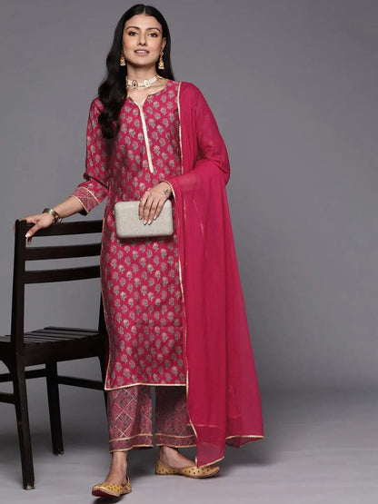 Libas Pink Printed Silk Blend Straight Kurta With Palazzos & Dupatta