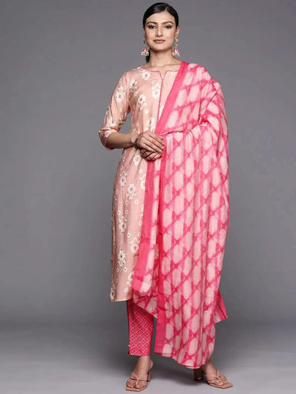 Libas Pink Printed Silk Blend Straight Kurta With Trousers & Dupatta