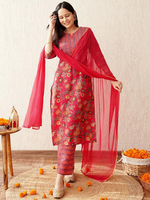LIBAS Pink Printed Silk Blend Straight Suit With Dupatta