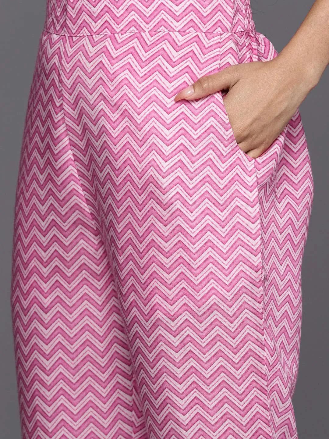 Libas Pink Printed Silk Blend Straight Kurta With Trousers & Dupatta