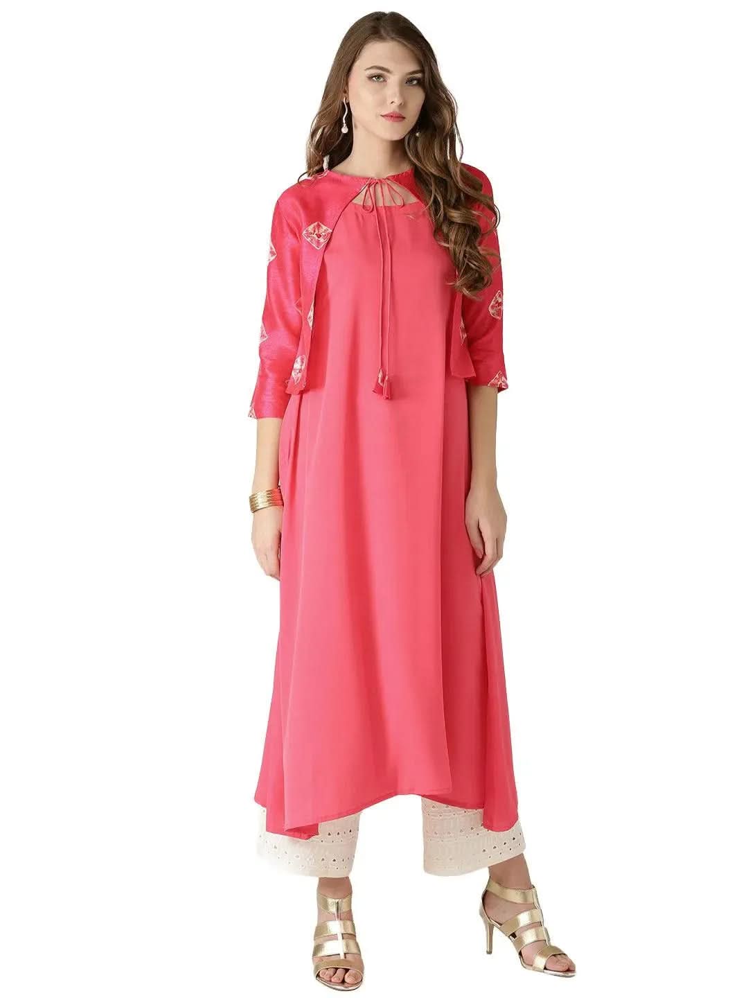 Libas Pink Solid Crepe Kurta With Jacket