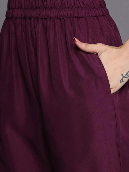 Libas Purple Embroidered Silk Blend Straight Kurta With Dupatta