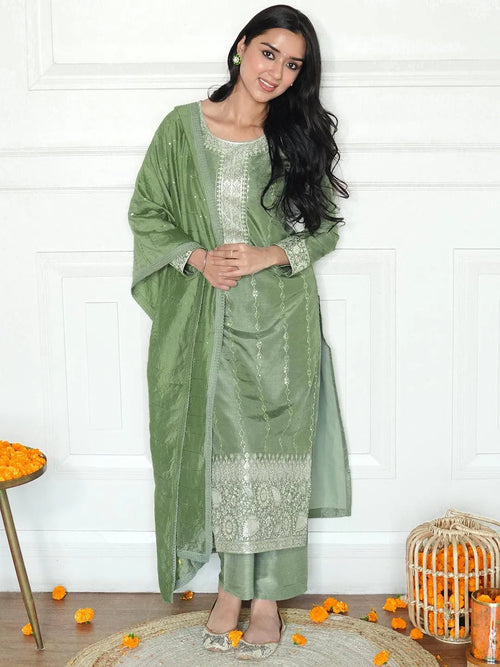 Libas Green Embroidered Silk Straight Suit With Dupatta