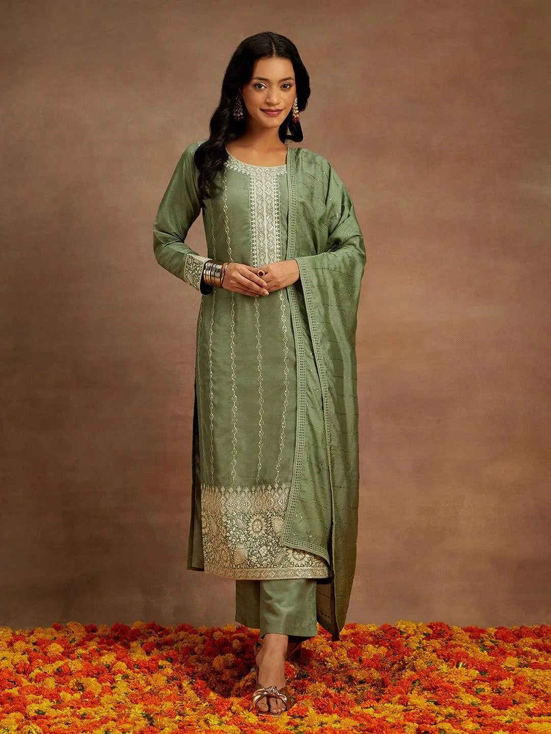 Libas Green Embroidered Silk Straight Suit With Dupatta