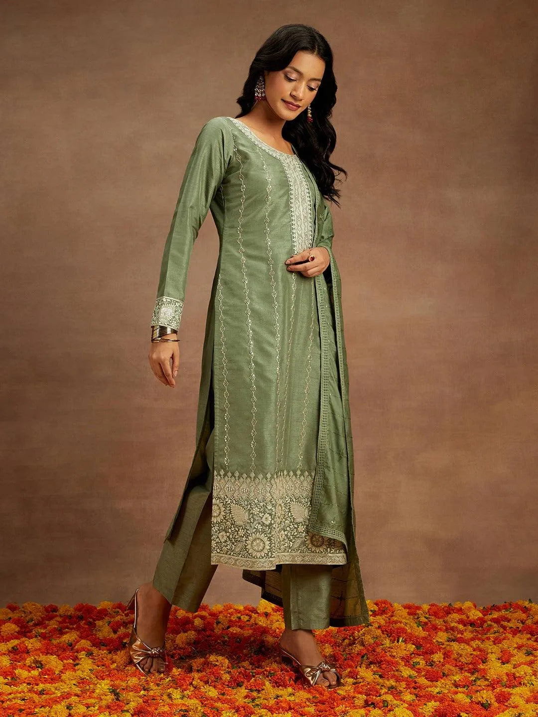 Libas Green Embroidered Silk Straight Suit With Dupatta