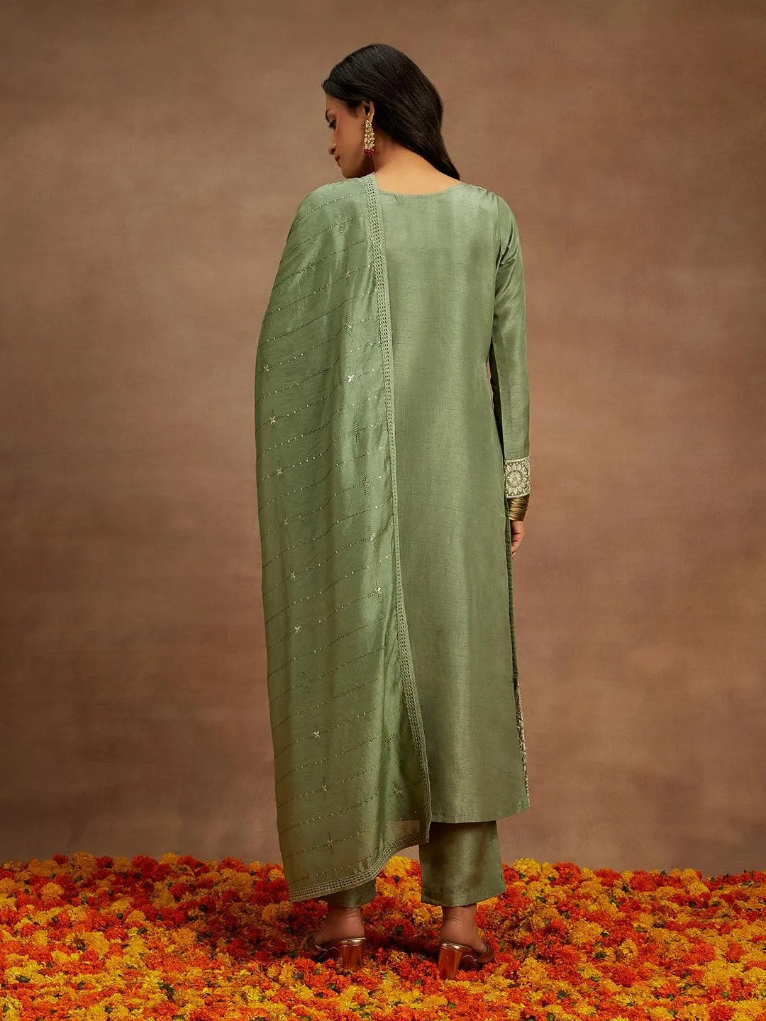 Libas Green Embroidered Silk Straight Suit With Dupatta