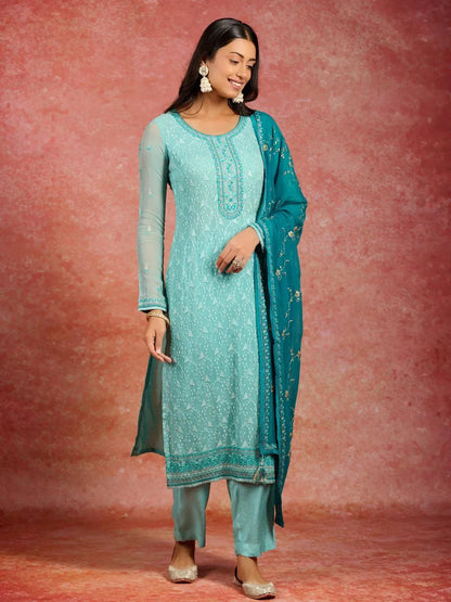 Libas Green Embroidered Georgette Straight Suit With Dupatta
